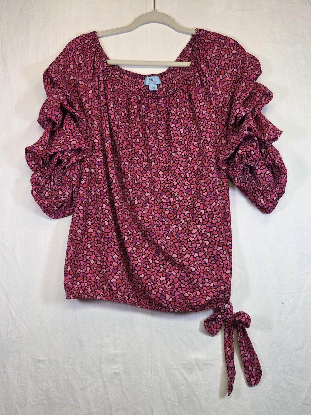CeCe Pink Heart Print Ruffle Sleeve Side Tie Blouse XL. #0319